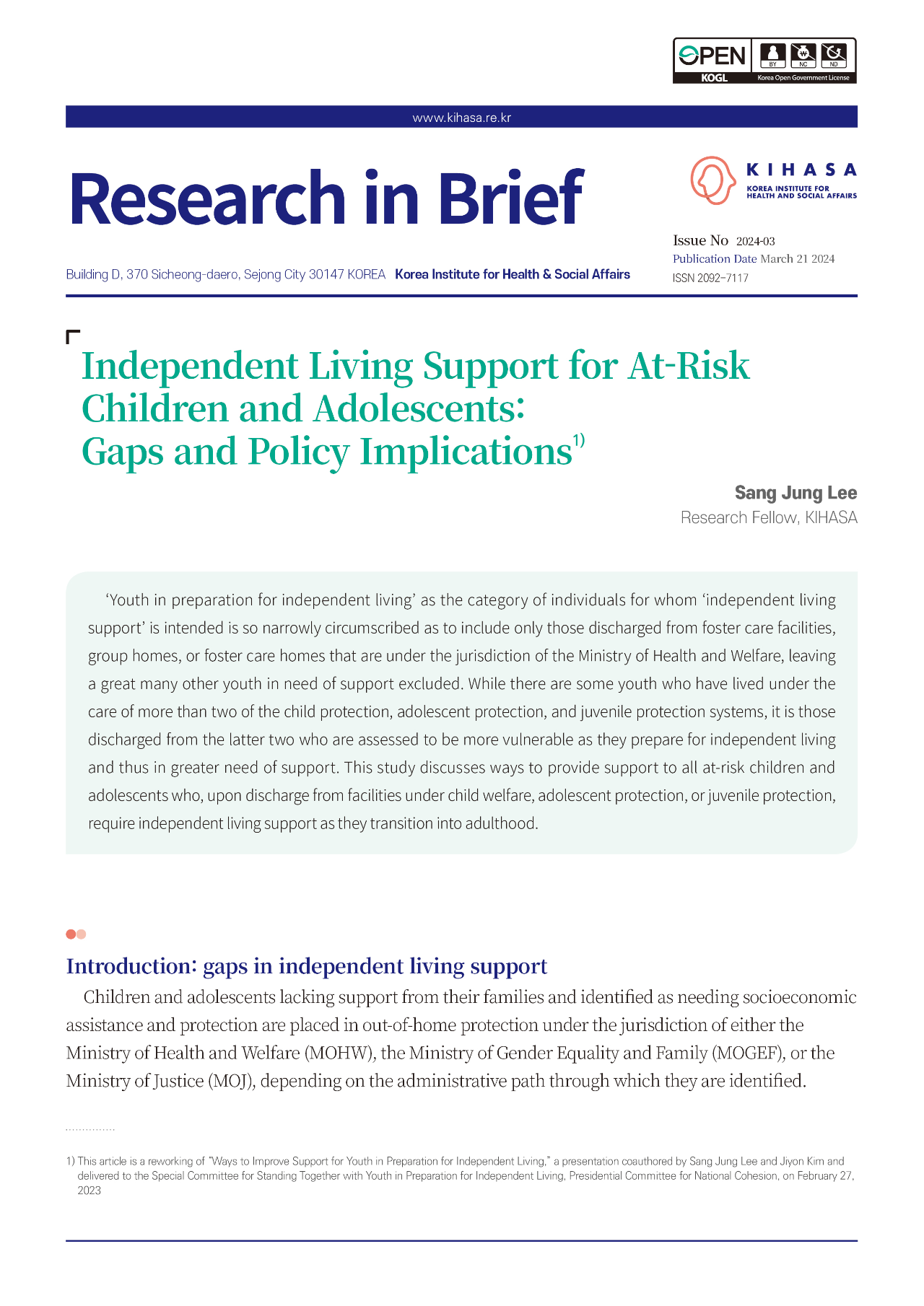 Independent Living Support for At-Risk Children and Adolescents: Gaps and Policy Implications